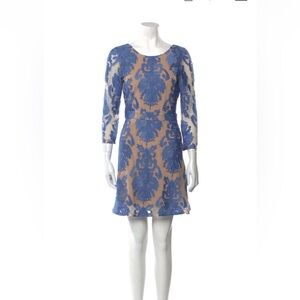 For Love And Lemons Blue Tan Sheath Dress 3/4 Cuffed Sleeves